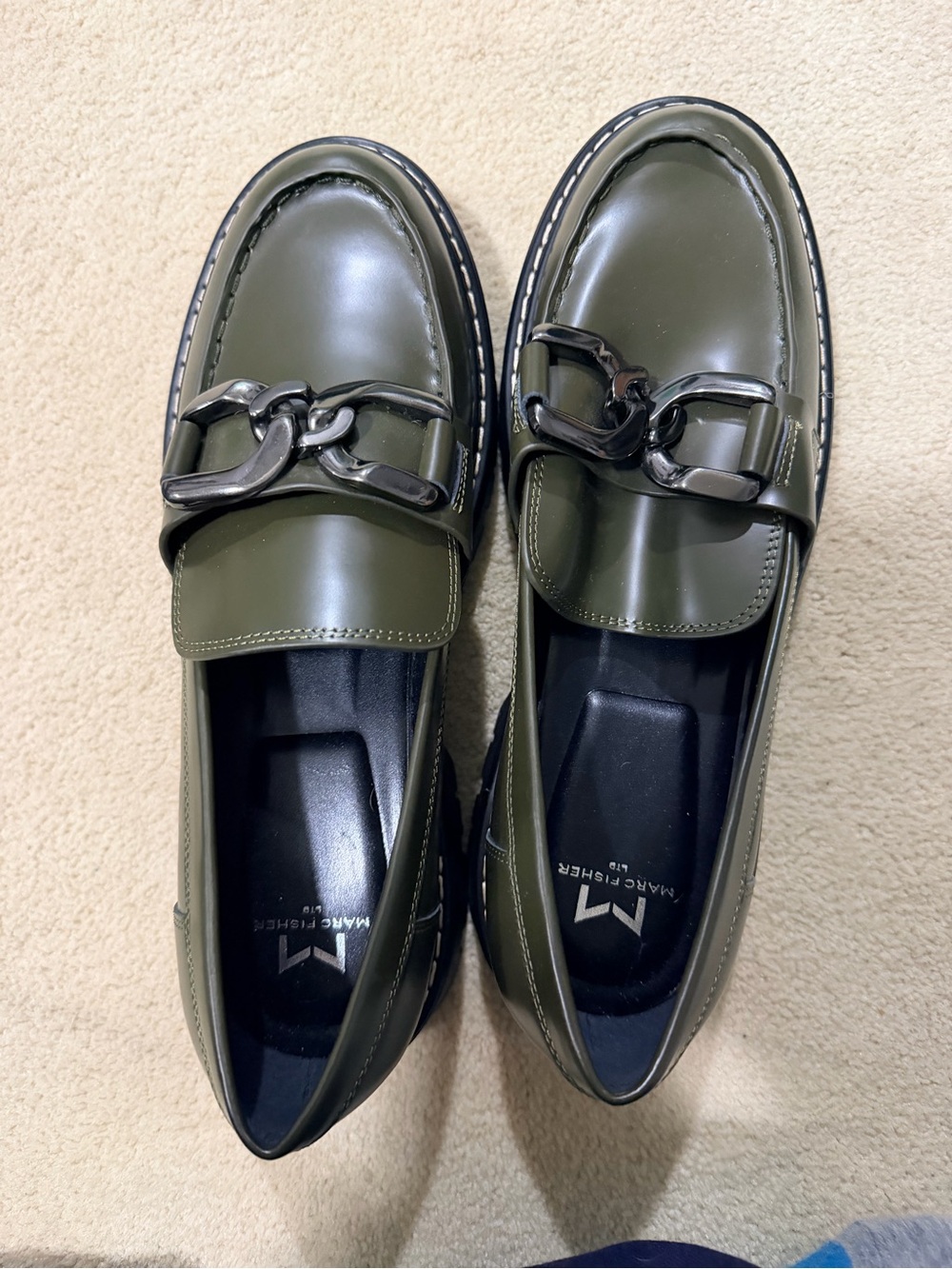 Marc Fisher Olive Green Leather Bit Loafers